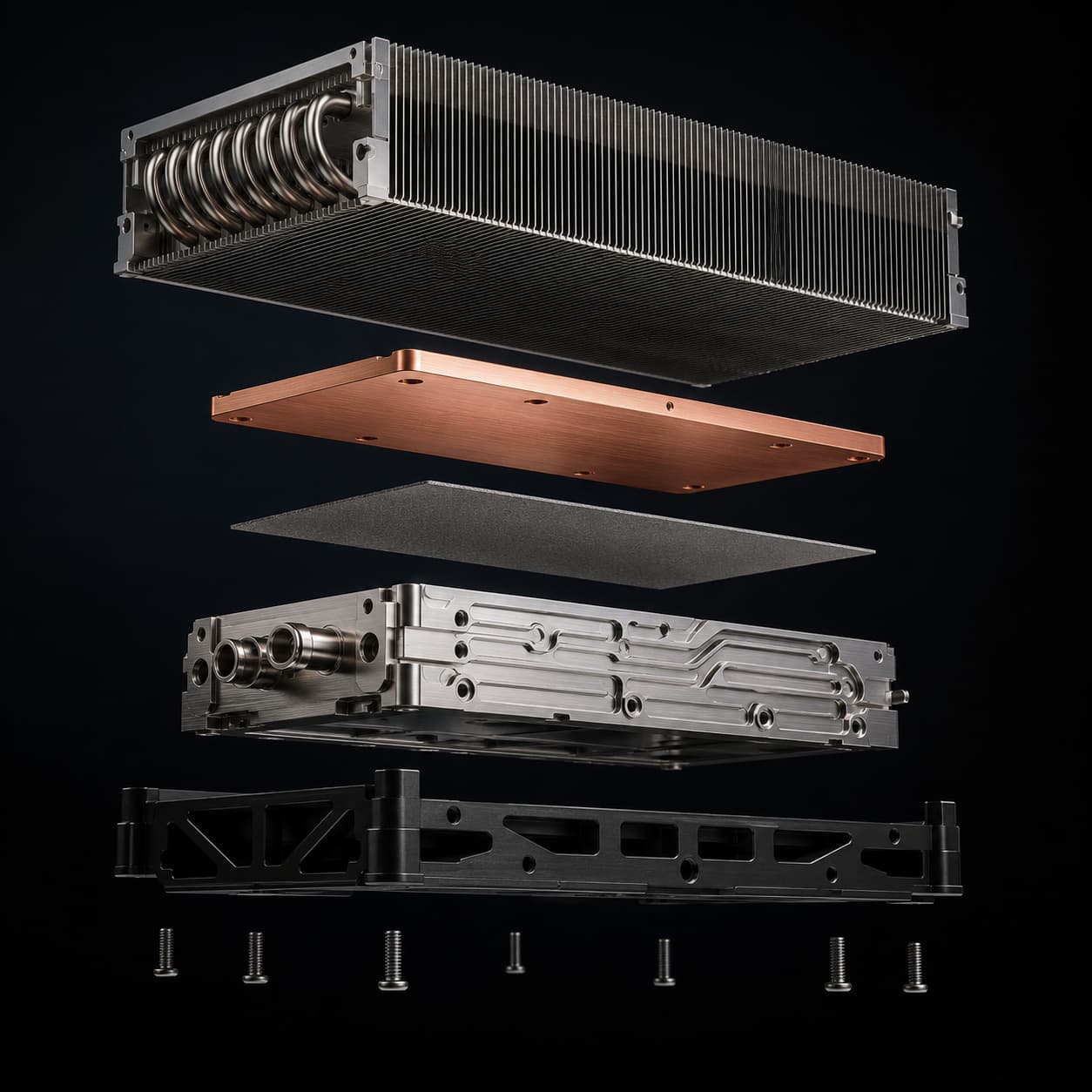 exploded liquid cooling module assembly