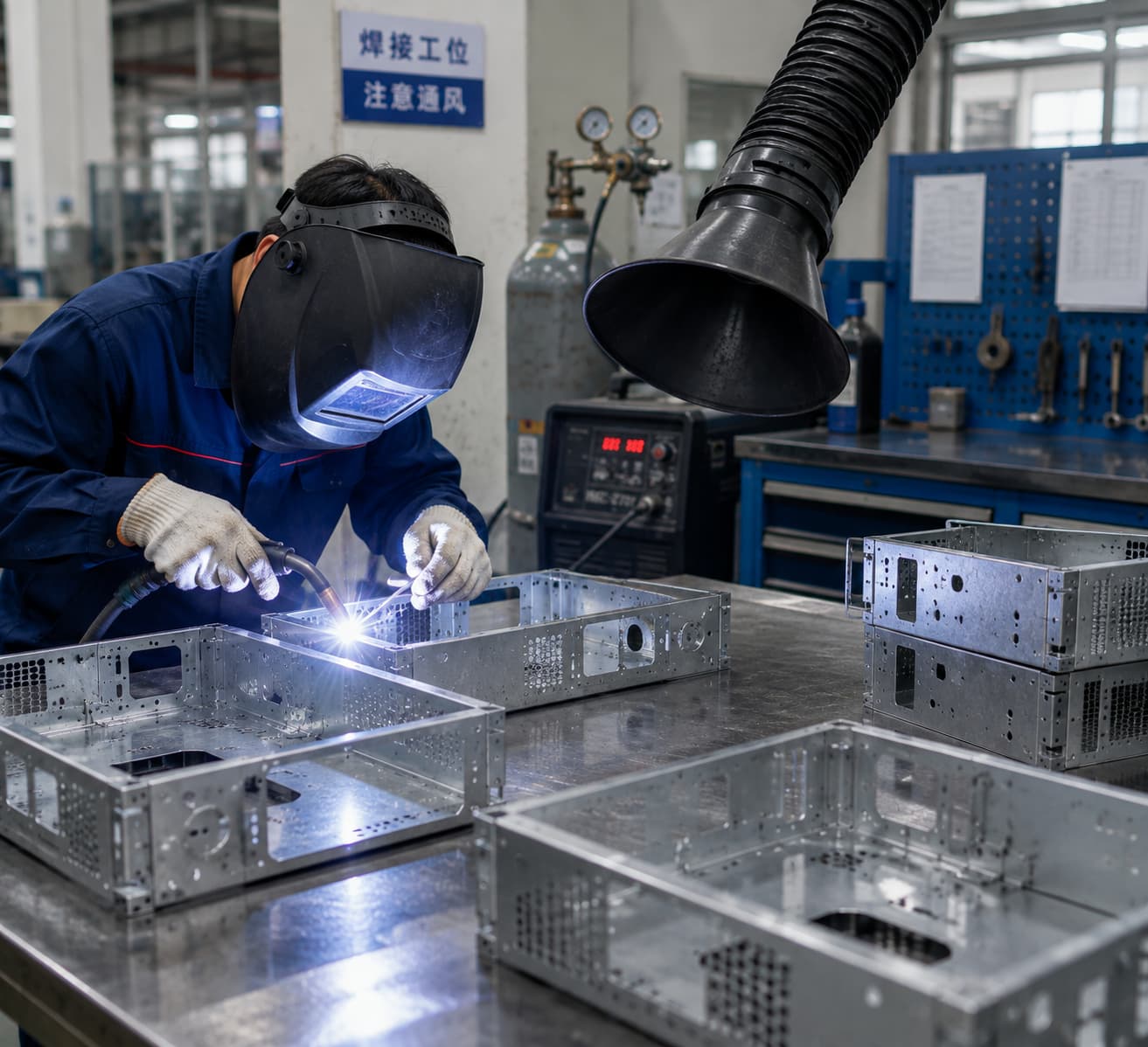 Welding of fabricated electronic metal housings