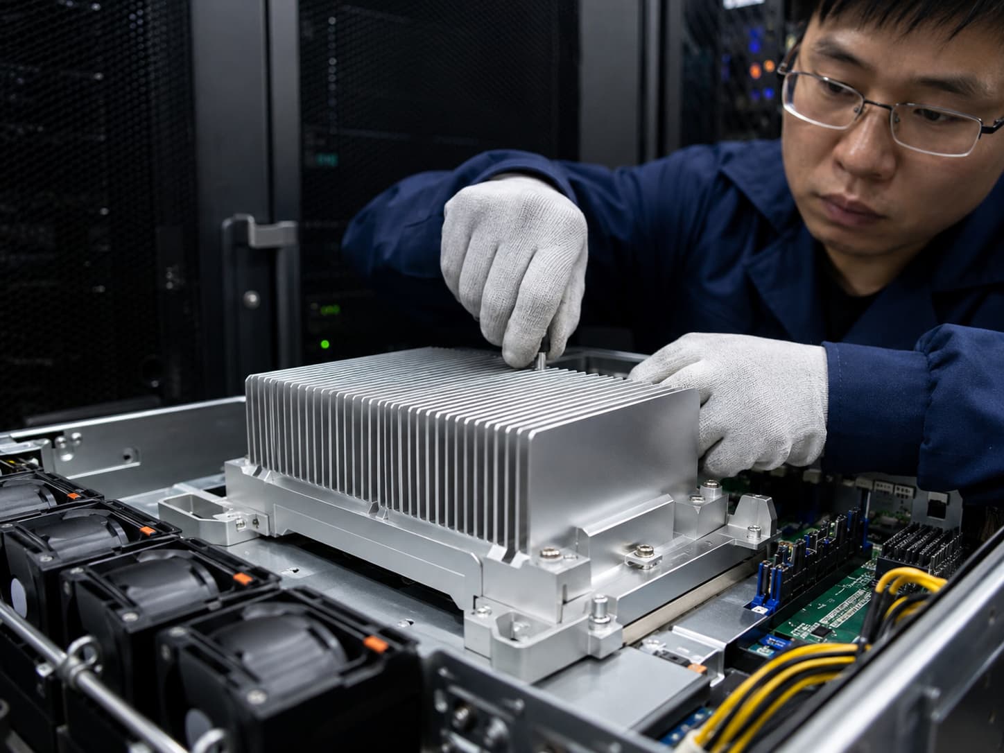 Finned heat sink mounting inside a server chassis