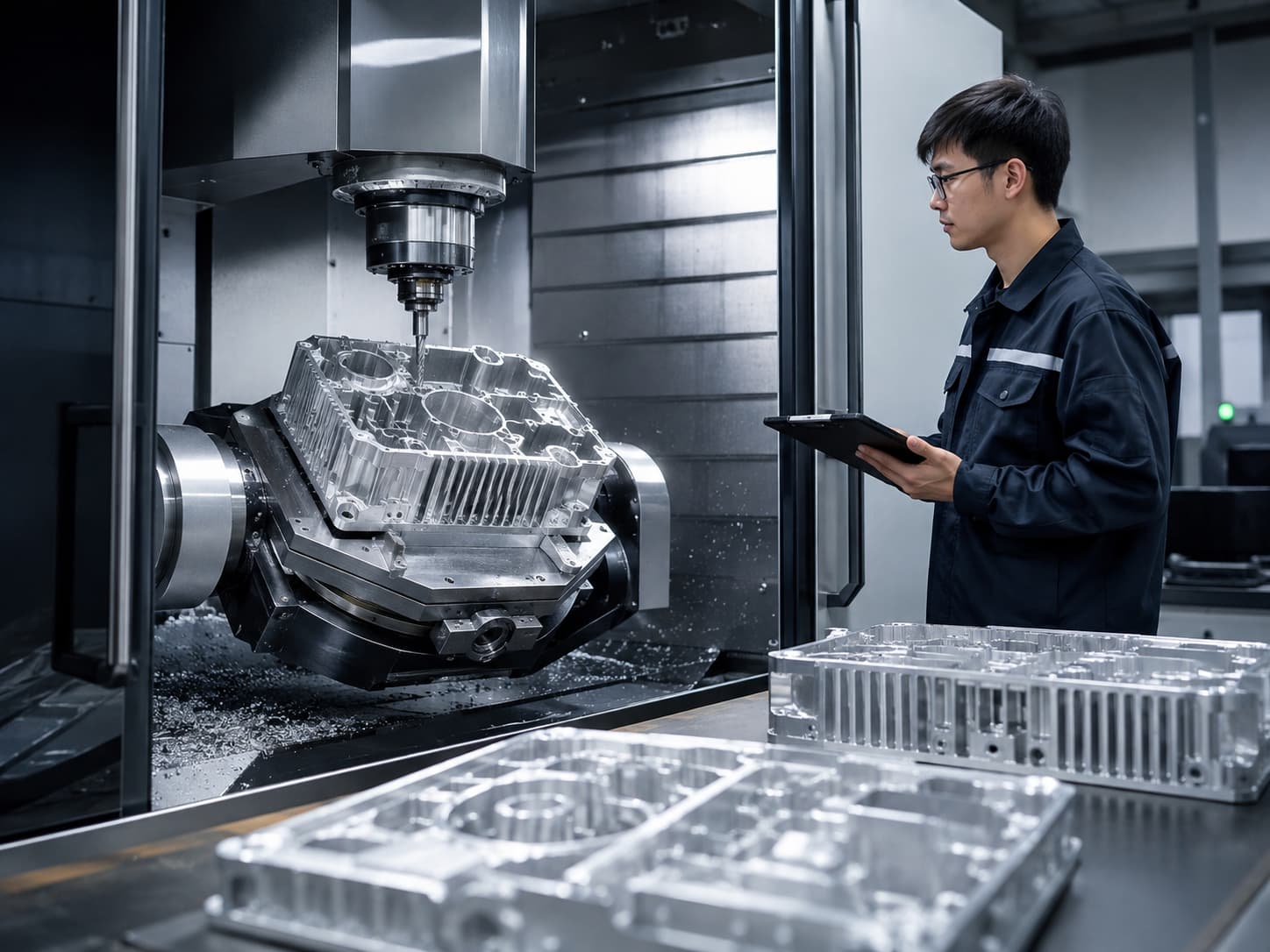 Multi-axis CNC machining of a complex metal housing