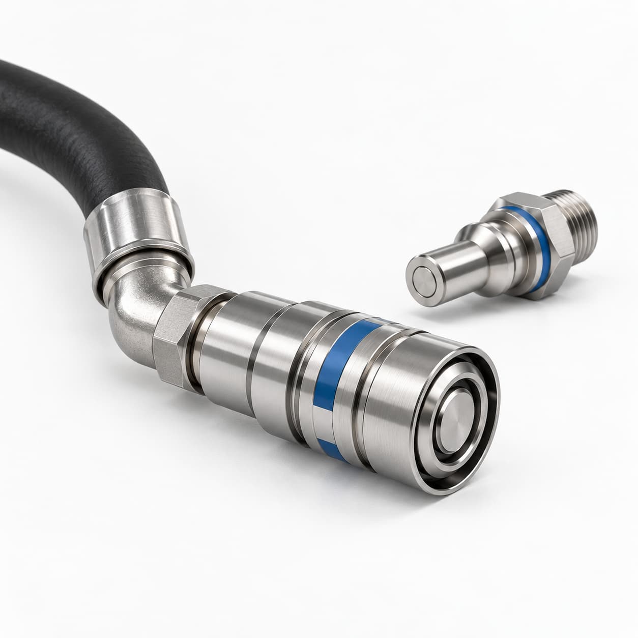 Right-angle hose connection and mating plug illustration