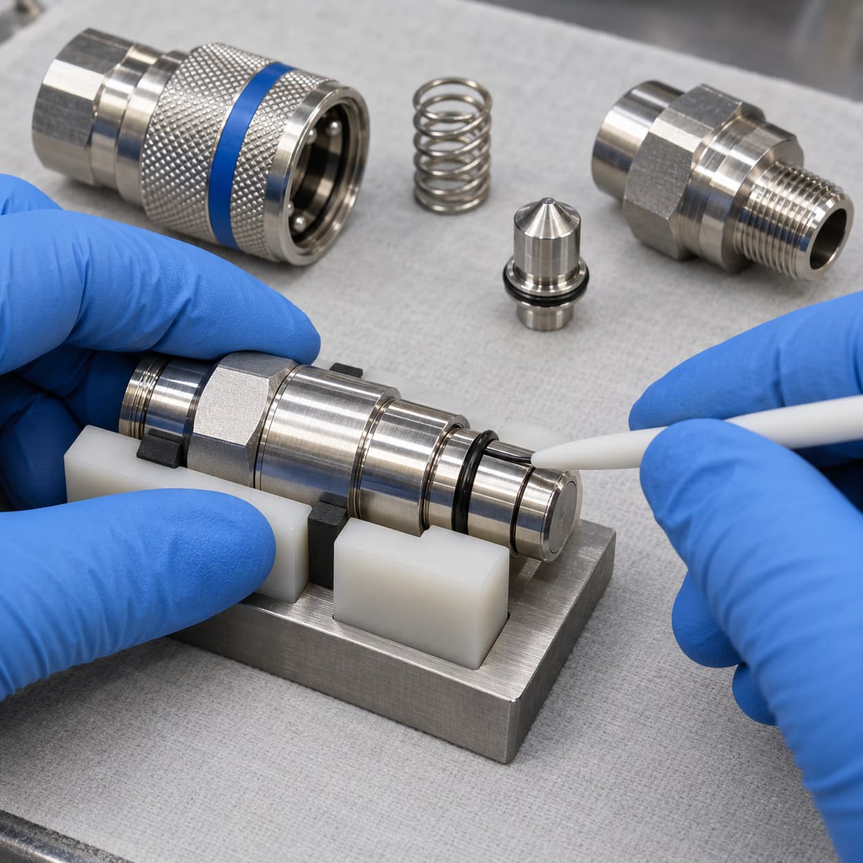 Connector assembly with seals and spring components illustration
