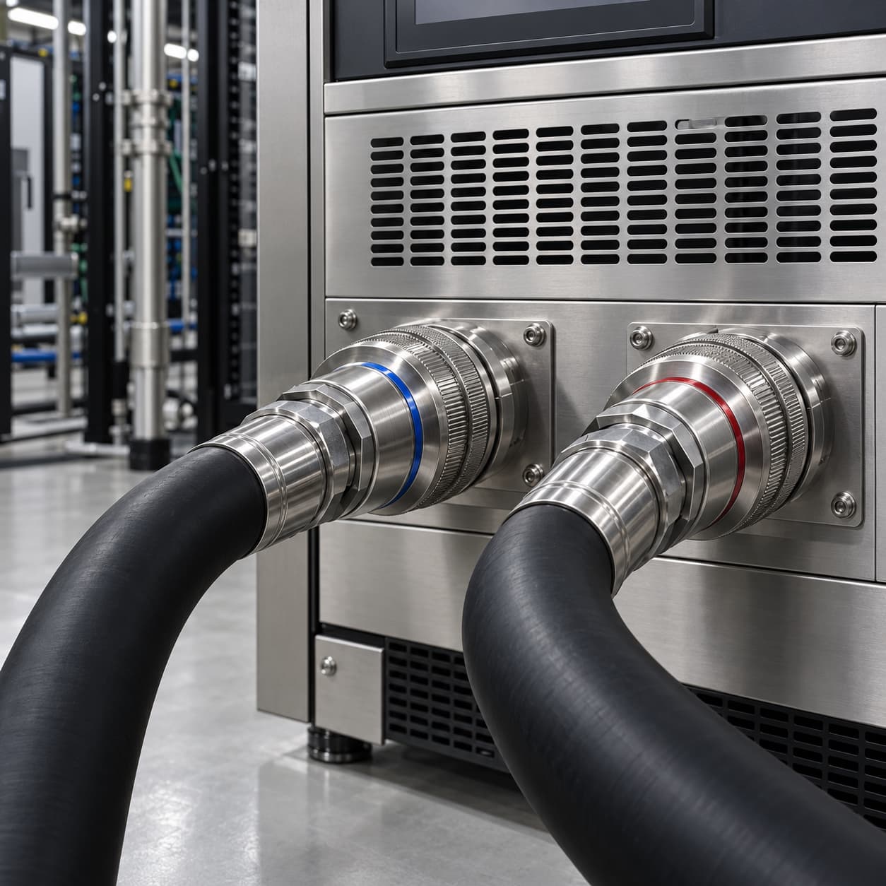 Supply and return hose connections on cooling equipment illustration