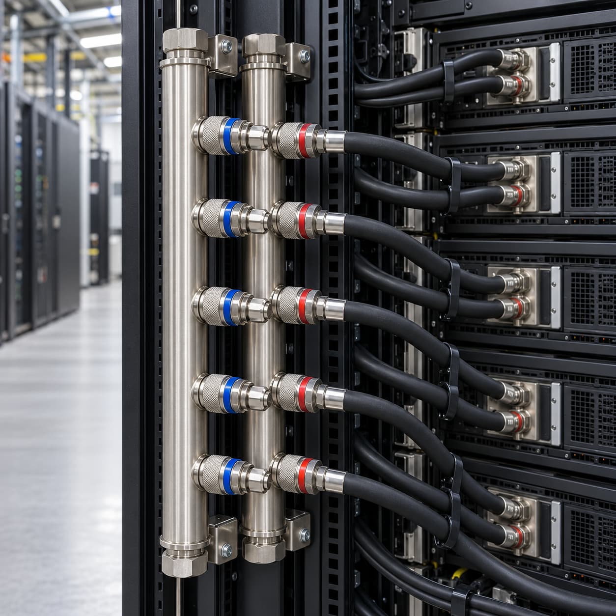 Rack manifold with multiple liquid cooling connections illustration