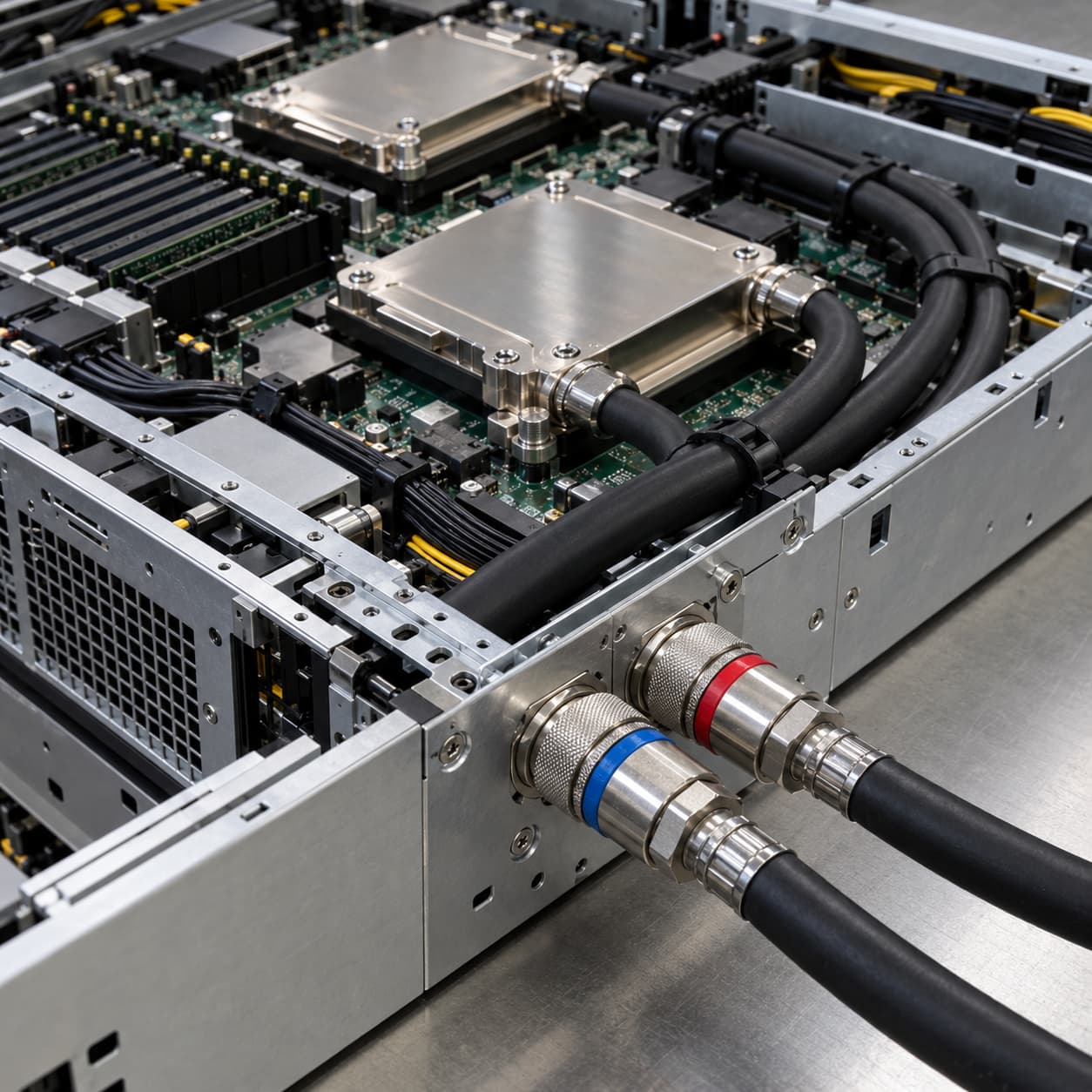 Liquid-cooled server chassis and hose interfaces illustration